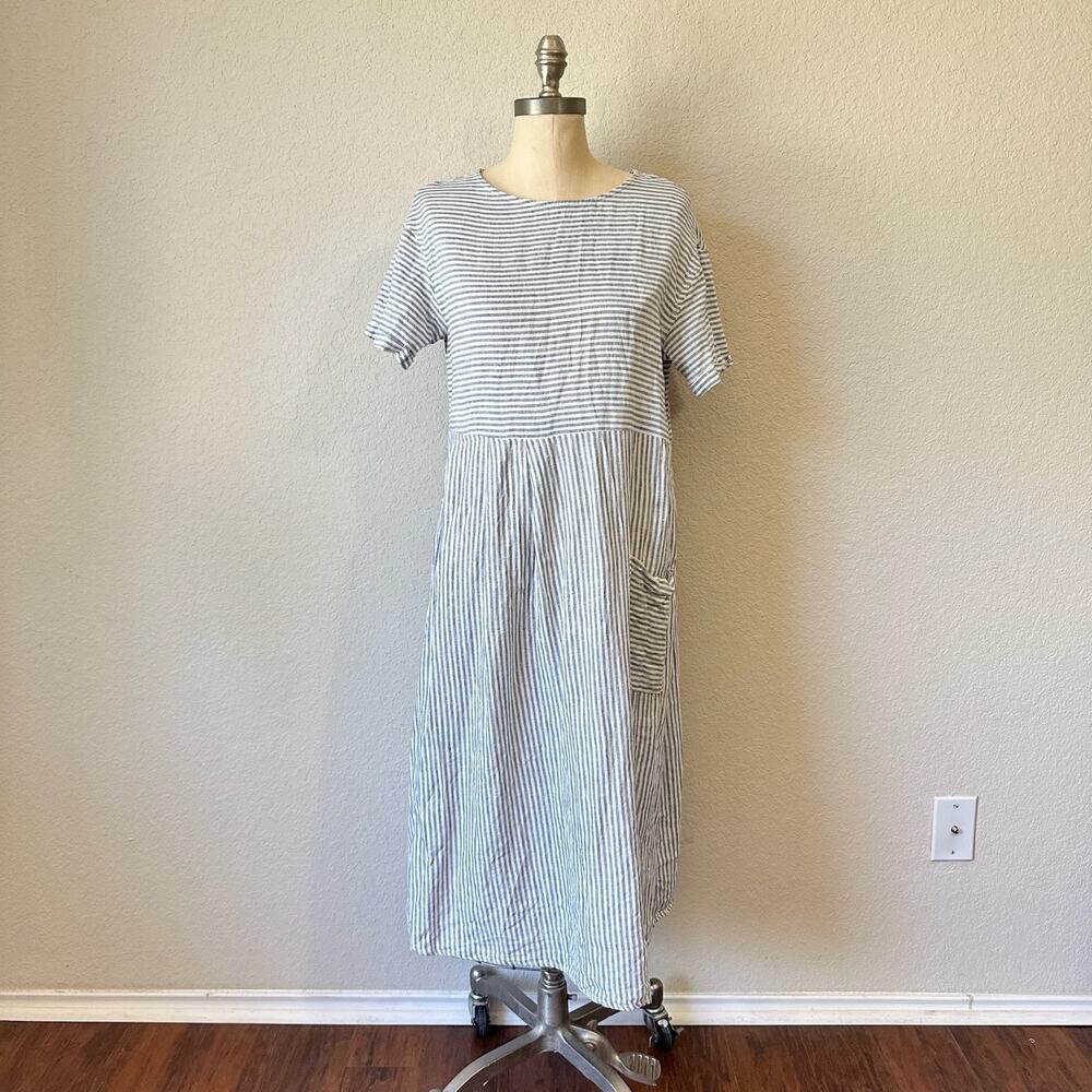 LINTICO Morgan Midi Dress Blue White Pinstriped Linen Short Sleeve